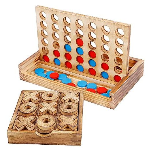 Glintoper Tic Tac Toe & 4 in a Row Tables Game Set, Classic Board Line Up 4 Game for Living Room Rustic Table Decor and Use as Game Top Wood Guest Room Decor Strategy Board Games for Families