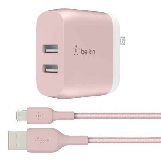 Belkin 24W Dual-Port USB-A Wall Charger + 5ft. Lightning to USB-A Cable, Rose Gold