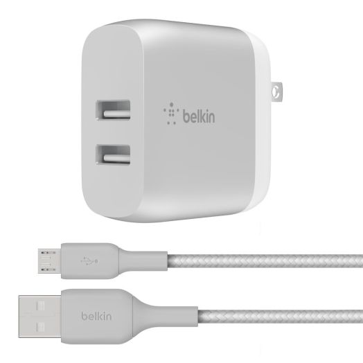 Belkin 24W Dual-Port USB-A Wall Charger + 5ft. Micro-USB to USB-A Cable, Silver