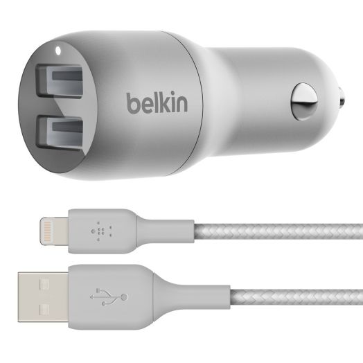Belkin 24W Dual-Port USB-A Car Charger + 5ft. Lightning to USB-A Cable, Silver