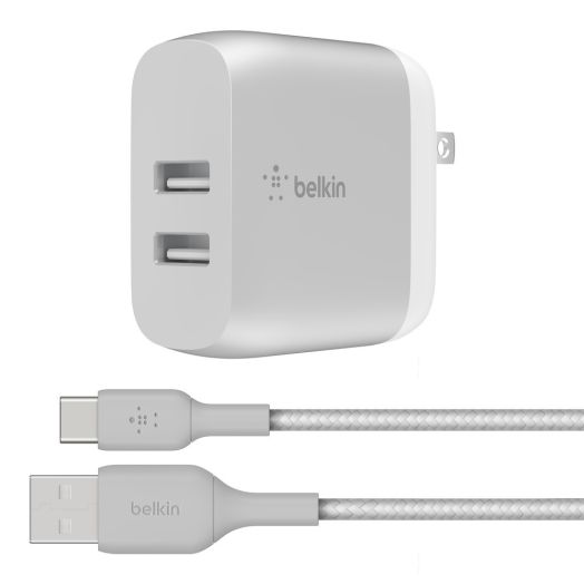 Belkin 24W Dual-Port USB-A Wall Charger + 5ft. USB-C to USB-A Cable, Silver