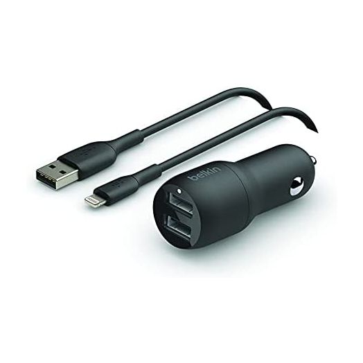 Belkin Dual USB Car Charger 24W + Lightning Cable (Boost Charge Dual Port Car Charger, 2-Port USB Car Charger) iPhone Car Charger, iPad Car Charger, AirPods Car Charger (CCD001bt1MBK), Black