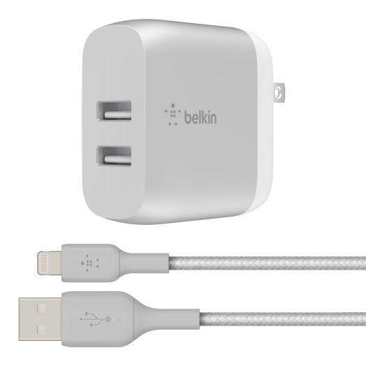 Belkin BOOSTCHARGE 24W Dual USB A Wall Charger + USB A Cable, Silver, 5ft