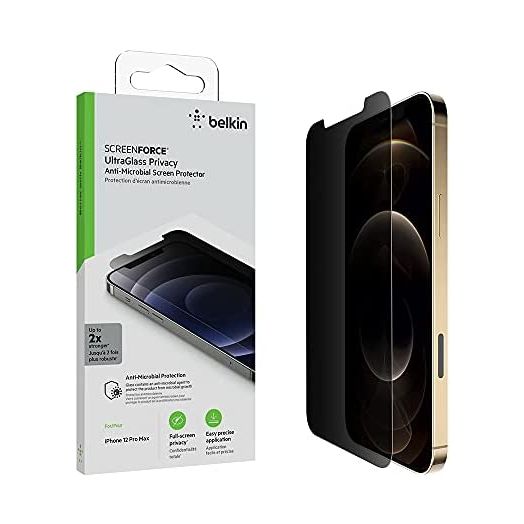 Belkin ScreenForce UltraGlass iPhone 12 Pro Max, Privacy Antimicrobial-Treated Screen Protector with Easy Align Tray for Bubble Free, Convenient Installation