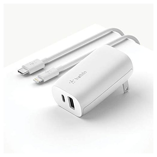 Belkin USB C Wall Charger 32W C to Lightning Cable Included PD with 20W USB C & 12W USB A Ports for USB-C Power Delivery Compatible with iPhone 12, 12 Pro, 12 Pro Max, iPad, AirPods and More