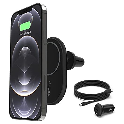 Belkin MagSafe Compatible Car Phone Magnetic Charging Mount, Air Vent Phone Holder and Charger for iPhone 13, 12, Pro, Pro Max, Mini (power supply included)