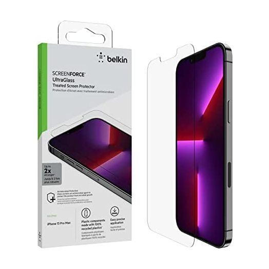 Belkin iPhone 13 Pro Max Screen Protector UltraGlass, AntiMicrobial-Treated, Easy Application Bubble Free with Included Guide Tray, Transparent