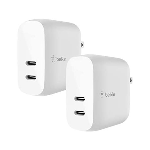 Belkin 40W USB Type C PD Wall Charger, Dual USB-C Ports, Fast Power Delivery Enabled Charging for iPhone 13, 13 Pro, 13 Pro Max, 12, 12 Pro, 12 Pro Max, Mini, iPad Pro, Galaxy, and More (2-Pack)