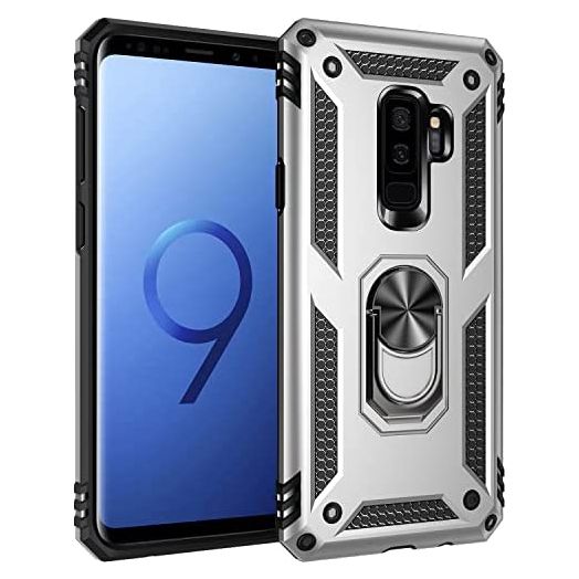 Military Grade Drop Impact for Samsung Galaxy S9 Plus Case 360 Metal Rotating Ring Kickstand Holder Magnetic Car Mount Armor Heavy Duty Case for Galaxy S9+ Phone Protection Case (Sliver)