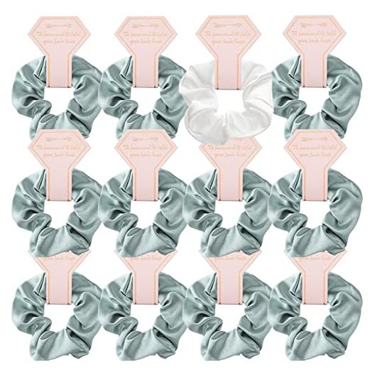 Bridesmaid Scrunchies Bachelorette Hair Ties Set of 12, Bridal Shower Wedding Party Favors Bridesmaid Proposal Gifts,To Have and To Hold Your Hair Back(White&Green)
