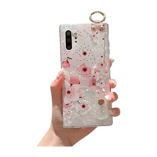 LeLeYun for Samsung Galaxy Note 10 Plus Case 6.8" [Not 6.5"] Cute Pattern Sparkle Bling Shockproof Protective Silicone Cover with Wrist Strap Kickstand and Ring for Girls and Women - Pink Flower