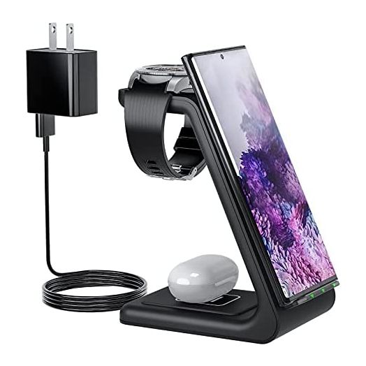 Wireless Charging Station for Samsung, 3 in 1 Wireless Charger Stand Dock for Samsung S22/S21/S20/S10/Note 20/Note 10, Galaxy Watch 4/3/Active/2/Gear S3, Buds+/Live, 18W QC Adapter Included (Black)