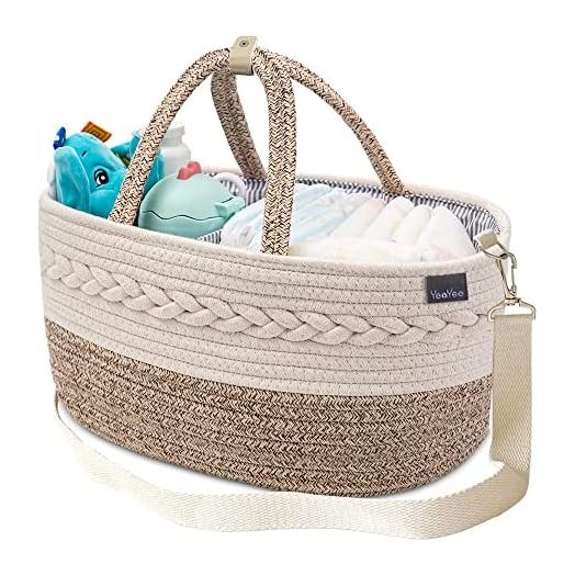Baby Diaper Caddy Organizer,Shoulder Strap Buckle Portable Nursery Storage Basket with Changeable Compartments,100% Cotton Woven Bin (Small, Yellow)…