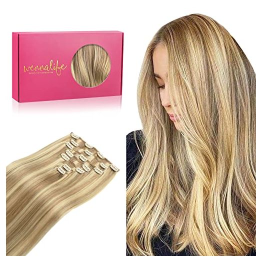 WENNALIFE Clip in Human Hair Extensions, 14 Inch 120g 7pcs Light Blonde Highlighted Golden Blonde Hair Extensions Clip In Human Hair Remy Clip in Hair Extensions Real Human Hair Double Weft