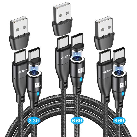 Aripps USB C to USB C Magnetic Charging Cable[3-Pack, 3.3ft/6.6ft/6.6ft], 60W/3A Fast Charging USB Type C Charger Cord Compatible with Samsung Galaxy S21/S21+ Ultra 5G, S20/S20, Pixel, Switch