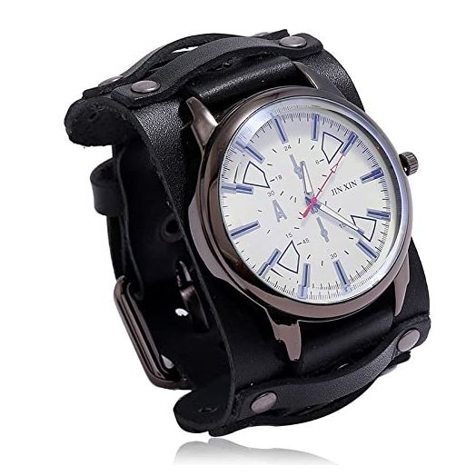 YingHwa Men's Punk Watches, Retro Domineering Men's Leather Watches, Double Layer Hand Stitched Punk Bracelets, Men's Wrist Watches (Black)