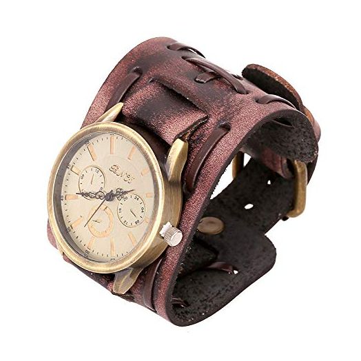 YingHwa Punk Men's Watch Retro Do Old Style Braided Leather Bracelet Retro Hip Hop Wide Strap (Retro Brown (Hard Leather))