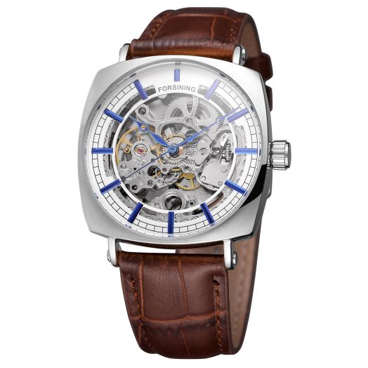 FORSINING Men's Beautiful Skeleton Dial Automatic Self-Winding Watch Brand with Genuine Leather Strap