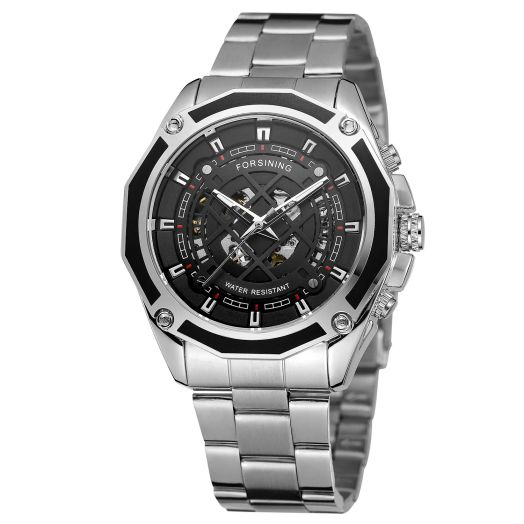 FORSINING Men's Automatic Fashionh Skeleton Analog Transparent Classic Watch wiht Stainless Steel Bracelet