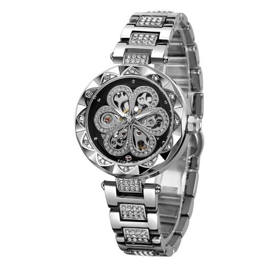 FORSINING Women's Stylish Analogue Dial Automatic Skeleton Watch with Stainless Steel Bracelet