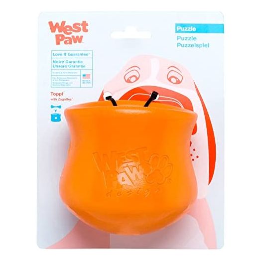 West Paw Zogoflex Toppl Treat Dispensing Dog Toy Puzzle – Interactive Chew Toys for Dogs – Dog Toy for Moderate Chewers, Fetch, Catch – Holds Kibble, Treats, Large, Tangerine