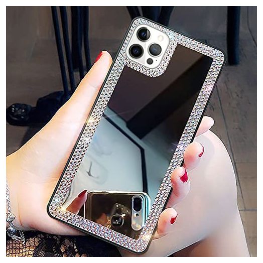 Cavdycidy iPhone 12 Pro Max Mirror Case Bling, Acrylic Black Edge Mirror Phone Case for Outdoor Makeup Cute Cool Luxurious Phone Cases for Women and Girls(Bling Diamond Mirror)