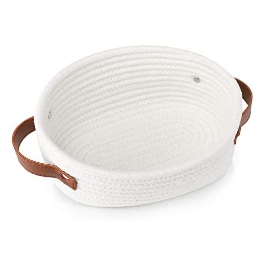ABenkle Small Woven Basket, Mini Cotton Rope Storage Basket, Tiny White Basket, Shelf Basket, Oval Decorative Toy Dog Cat Basket for Nursery, Kids Room, Empty Gift Basket Baby Basket, 10" x 6" x 4" XS