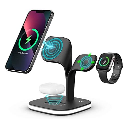 Magnetic Wireless Charging Station, EXW 3 in 1 Qi 15W Fast Mag-Safe Charger Stand for iPhone 13,12 Pro Max/Pro/Mini, Apple Watch 7/6/SE/5/4/3/2 and Airpods 3/2/Pro with LED Lamp and USB Port (Black)…