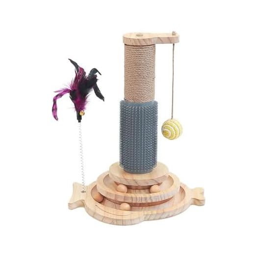 Marchul Cat Toy Roller 2-Level Turntable, Wooden Cat Track Toy with Scratching Post, Interactive Kitten Fun Track Toy for Indoor Cats