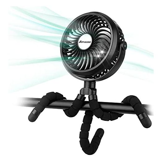 Battery Operated Stroller Fan Flexible Tripod Clip On Fan with 3 Speeds and Rotatable Handheld Personal Fan for Car Seat Crib Bike Treadmill (Black)