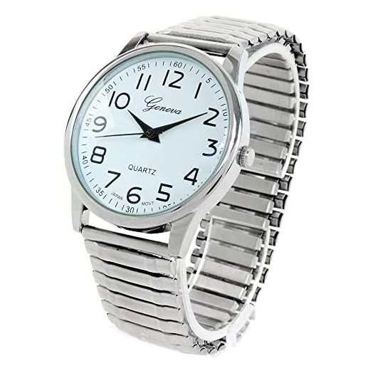Silver Large Face Easy to Read Stretch Band Watch