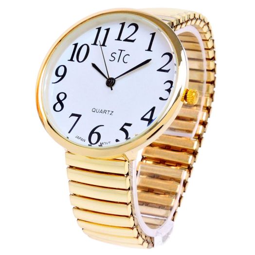 STC Gold Super Large Face, Case Size 43mm Stretch Band Japanese Movement Easy to Read Watch - New in a Box