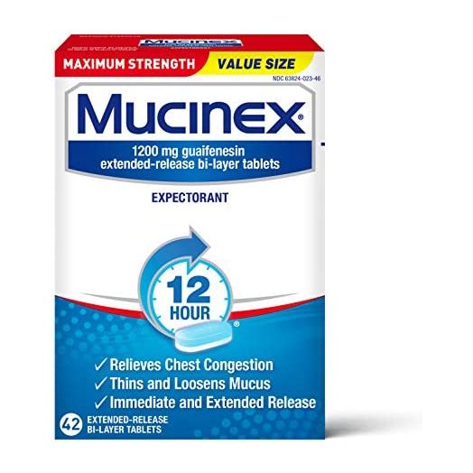 Mucinex Chest Congestion Maximum Strength 12 Hour Extended Release Tablets Relieves Chest Congestion Caused by Excess Mucus(#1 Doctor Recommended OTC expectorant), 1200mg, 42 Count (Pack of 1)