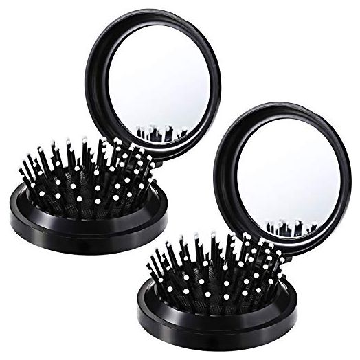 2 Pack Foldable Travel Mirror Hair Brushes Round Portable Folding Pocket Hair Brush Mini Hair Comb Compact Travel Size Hair Massage Comb for Men Women and Girls