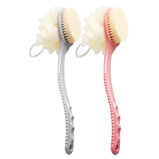 AARainbow 2 Packs Shower Body Brush with Bristles and Loofah, Back Scrubber Mesh Sponge with Curved Long Handle for Skin Exfoliating Bath, Massage Bristles Suitable for Men and Women (1Gray+1Pink)