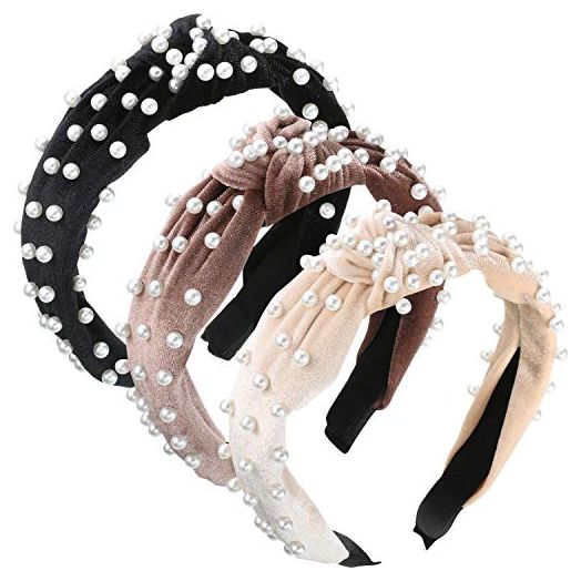 3 Pieces Pearls Headband Wide Hair Hoop Velvet Pearls Headband Vintage Twisted Headwear for Girl Woman Hair Accessories (Beige, Pale Mauve, Black)