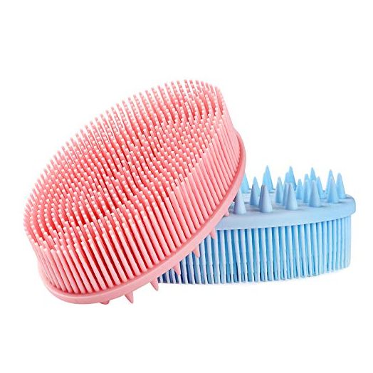 2 Pieces Exfoliating Silicone Body Scrubber, 2 in 1 Silicone Bath and Shampoo Brush, Wet and Dry Scalp Massager/Brush for Skin Care Scalp Massager - Pink & Blue