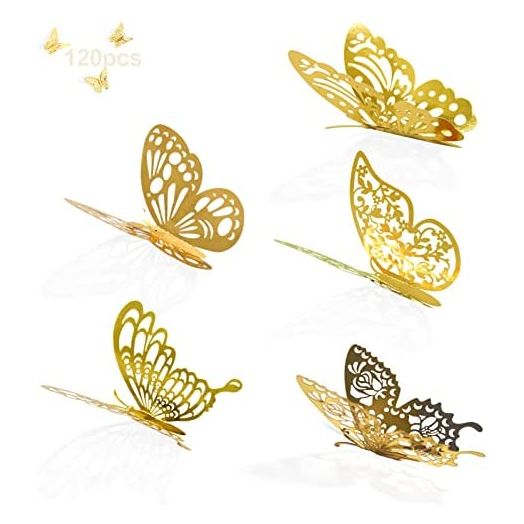 120Pcs 3D Gold Butterfly Wall Decor Stickers, PCORES Home Decorations, Removable Stickers for Party, Birthday, Wedding and Festival Cake Decorations, Kids Babys Bedroom Decorations (A-Gold, 120Pcs)