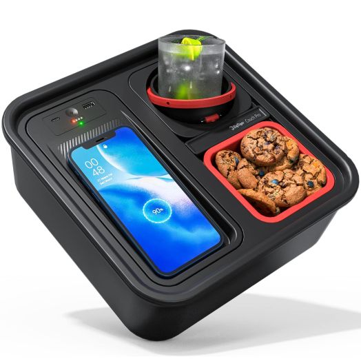 Couch Tray - Self Balancing Cup Holder, Drink Snack Caddy - TV Remote Control Storage Couch Organizer - Sofa Armrest Table - Anti Spill Sofa Console for Couch, Bed, Car, Video, Gaming