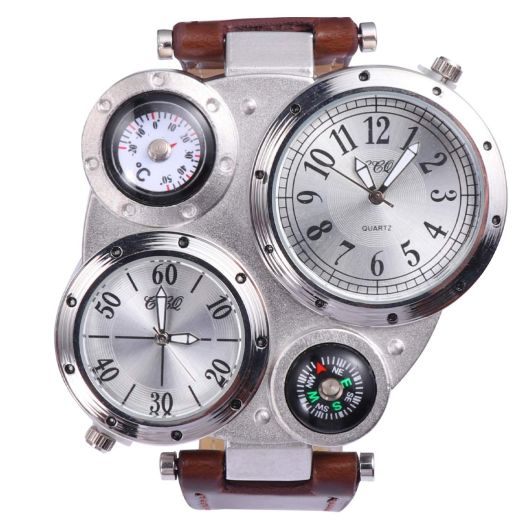 Mens Big Face Watch - Cool Wrist Watch Genuine Leather Strap Dual Time Zone Sport Watch Analog Quartz Display with Thermometer Compass