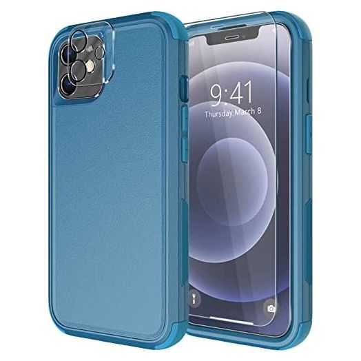 Diverbox for iPhone 12 case [Shockproof] [Dropproof] [Tempered Glass Screen Protector + Camera Lens Protector],Heavy Duty Protection Phone Case Cover for Apple iPhone 12(Blue)