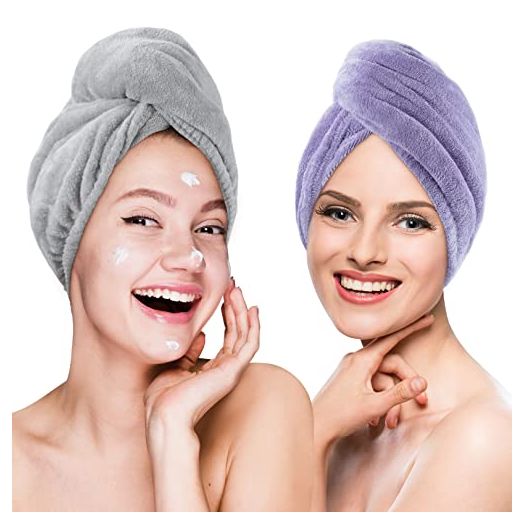 Microfiber Hair Towel Drying Wrap: 2Pack Head Dry Towel Twist Drying Turban Anti Frizz Long Quick Rapid Absorbent Women Wet Plopping Curly Hair Towel Twisty for Girls Kids Button(Gray/Purple)