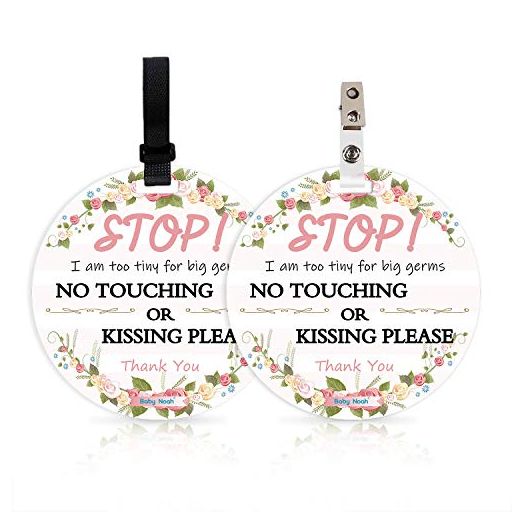 No Touching Newborn Baby Car Set Sign or Stroller Tag, Do Not Touch Baby Sign for Baby Girl, Baby Preemie No Touch Safety Sign with Hanging Straps and Clip (2 Pack Set)
