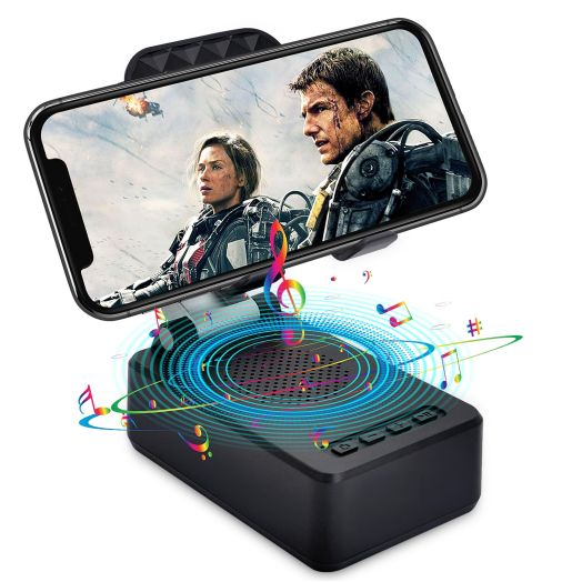 Cell Phone Stand with Bluetooth Speaker HD Surround Sound Bluetooth Speaker Adjustable Phone Holder Gifts for Women Men Wide Compatible with Cell Phone and Tablet (A-Black)