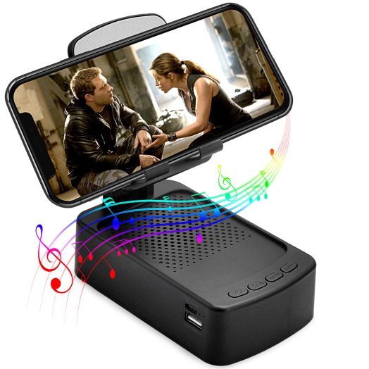 Cell Phone Stand with Bluetooth Speaker HD Surround Sound Bluetooth Speaker Adjustable Phone Holder Gifts for Women Men Wide Compatible with Cell Phone and Tablet - Black