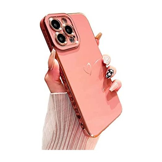 Ankofave Compatible with iPhone 13 Pro Max Case for Women Girl, Love Heart Phone Case, Gold Plating Cover and Raised Full Camera Lens Protection Phone Case 6.7 Inchs - Pink