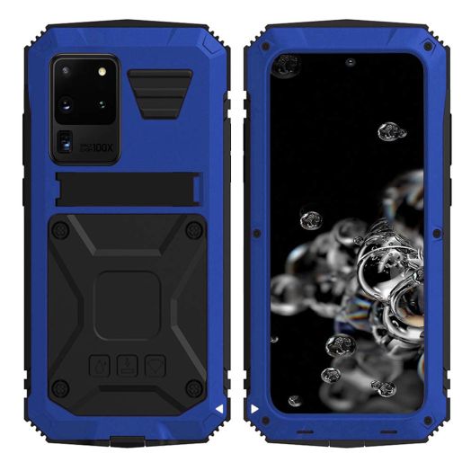 Samsung S20 Ultra case with Screen Protector Camera Lens Protector S20 Ultra Military Metal Silicone Rugged Hybrid Stand Waterproof Cover for Outdoor (Blue)