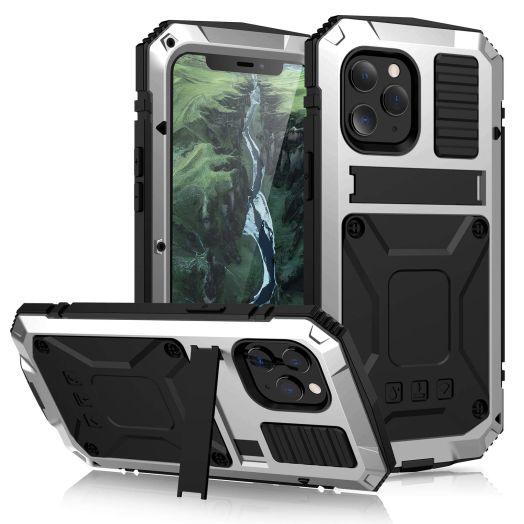 Compatible with iPhone 12 Pro Max Metal Case with Screen Protector Military Rugged Heavy Duty Shockproof Case with Stand Full Cover Tough case for iPhone 12 Pro Max 6.7inch (Sliver)