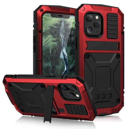 Compatible with iPhone 12 Metal Bumper Silicone Case Hybrid Military Shockproof Heavy Duty Rugged case Built-in Screen Protector Stand Cover for iPhone 12 Pro 6.1 (Red)