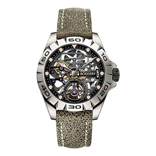 Boderry Urban Titanium Mens Watches Automatic Mechanical Skeleton Waterproof Self-Winding Luminous Analog Wrist Watch for Men,Sapphire Crystal - 72H Power-Reserve